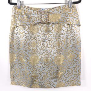 NWT STEVEN STOLMAN Skirt Rhinestone Belted Blue Golden Floral Paisley Lined 12